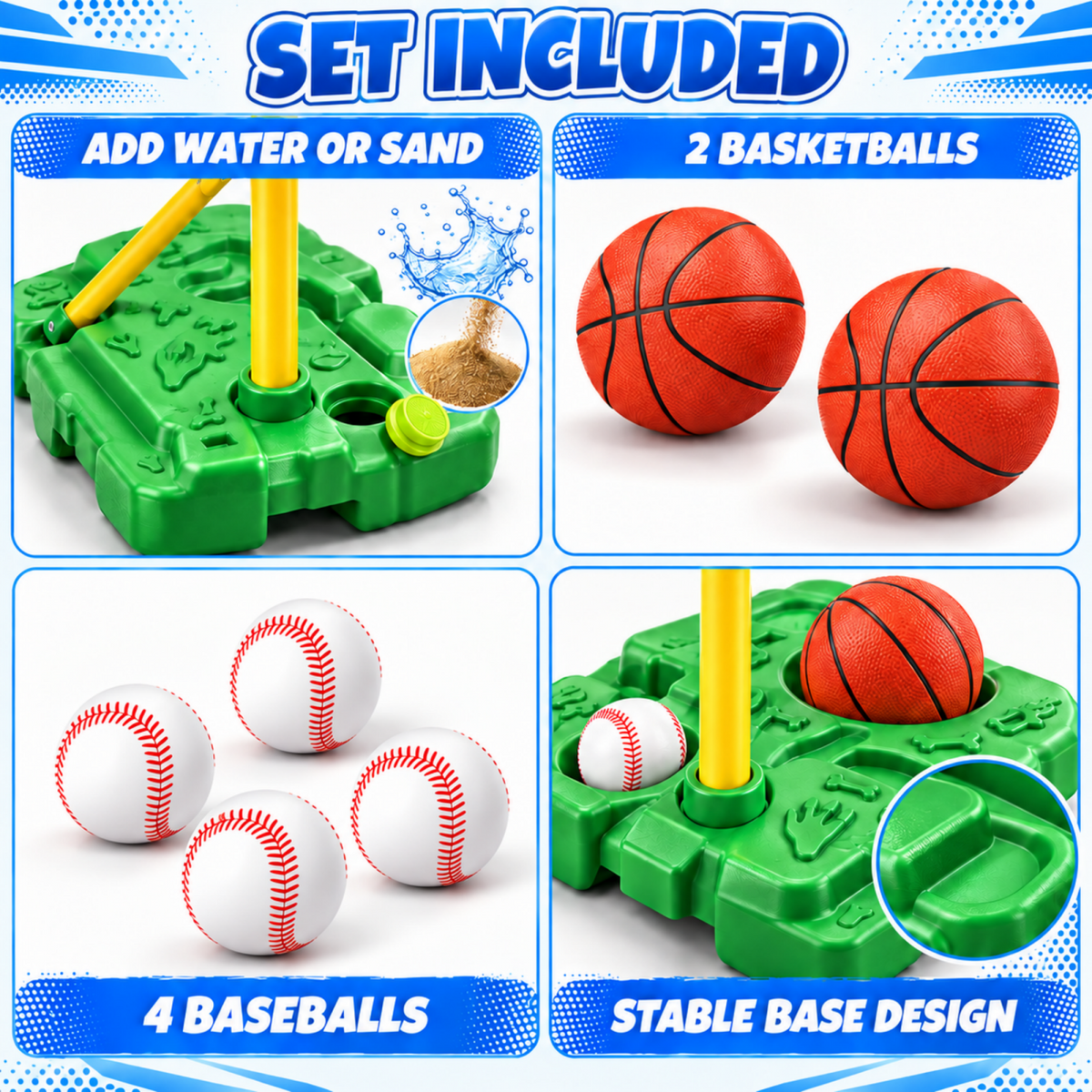 AOGSIYT 2 in 1 Kids Basketball Hoop and T Ball Set, Adjustable Basketball Stand, Hanging Tee, Two Basketballs, Four Baseballs and Bat,Birthday Gift Ages 3+