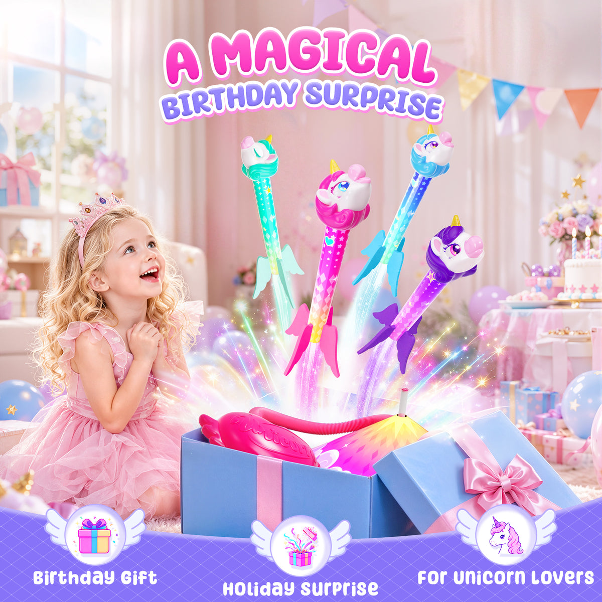 Aogsiyt Unicorn Rocket Launcher for Kids, 4 Unicorn Rockets Launch Toy with Adjustable Launcher, Outdoor Toys for Girls Ages 3-8, STEM Learning Birthday Gifts