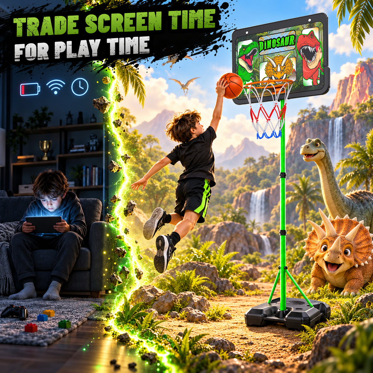 AOGSIYT Dinosaur Kids Basketball Hoop Set, Adjustable 3.5-6.2 ft, Includes 3 Balls & Pump, Indoor Outdoor Sports Toy for Boys Girls Ages 3+
