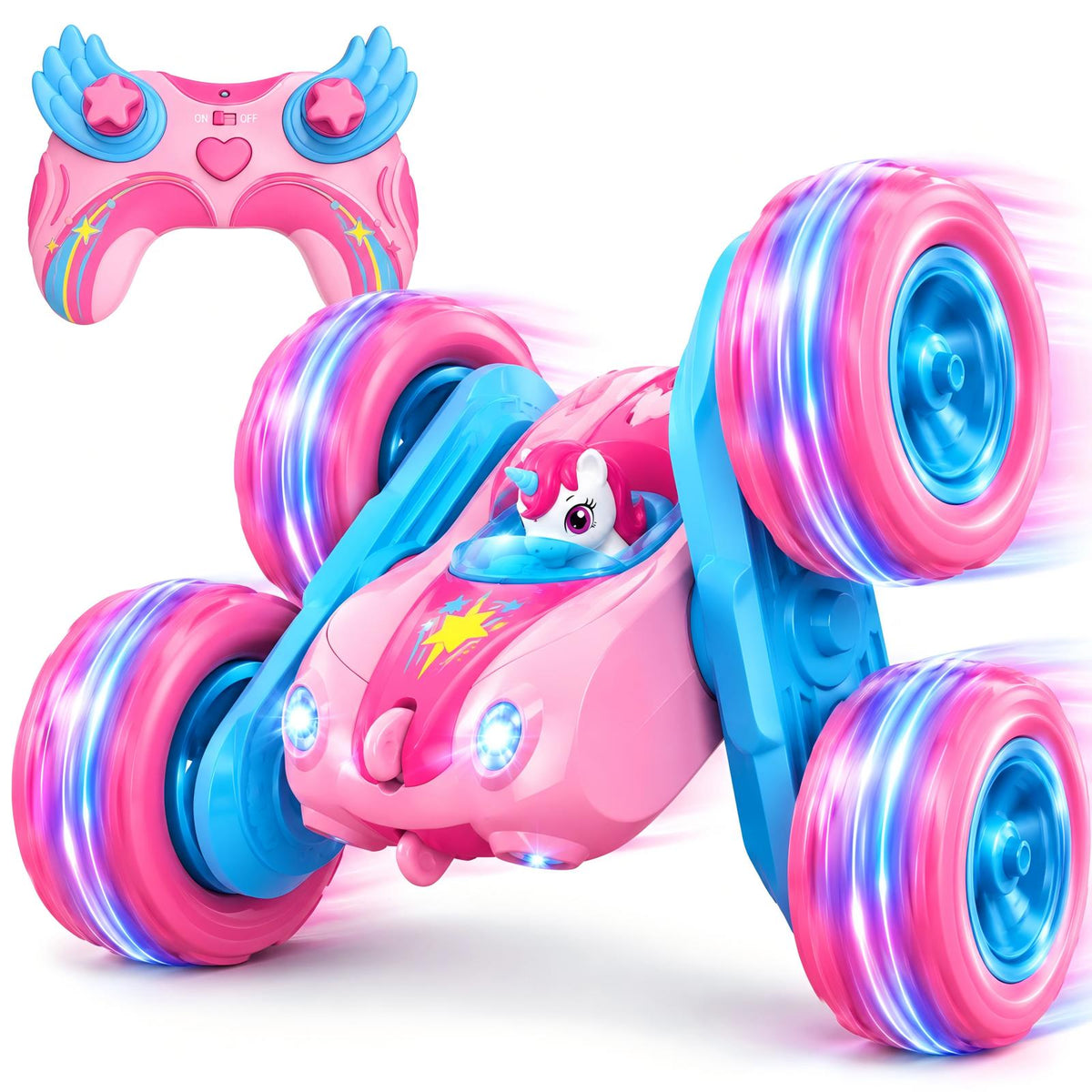 Aogsiyt Unicorn RC Stunt Car for Kids, 4WD Double Sided 360° Rotating Remote Control Car with Light and 2 Battery, Birthday Gifts for Girls 3-12