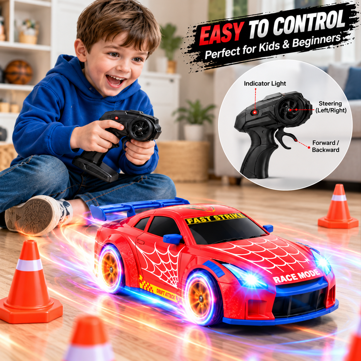Aogsiyt RC Drift Car, 1:24 Scale 4WD Remote Control Car Toy with LED Lights, Brithday Gift for Kids Ages 3-12