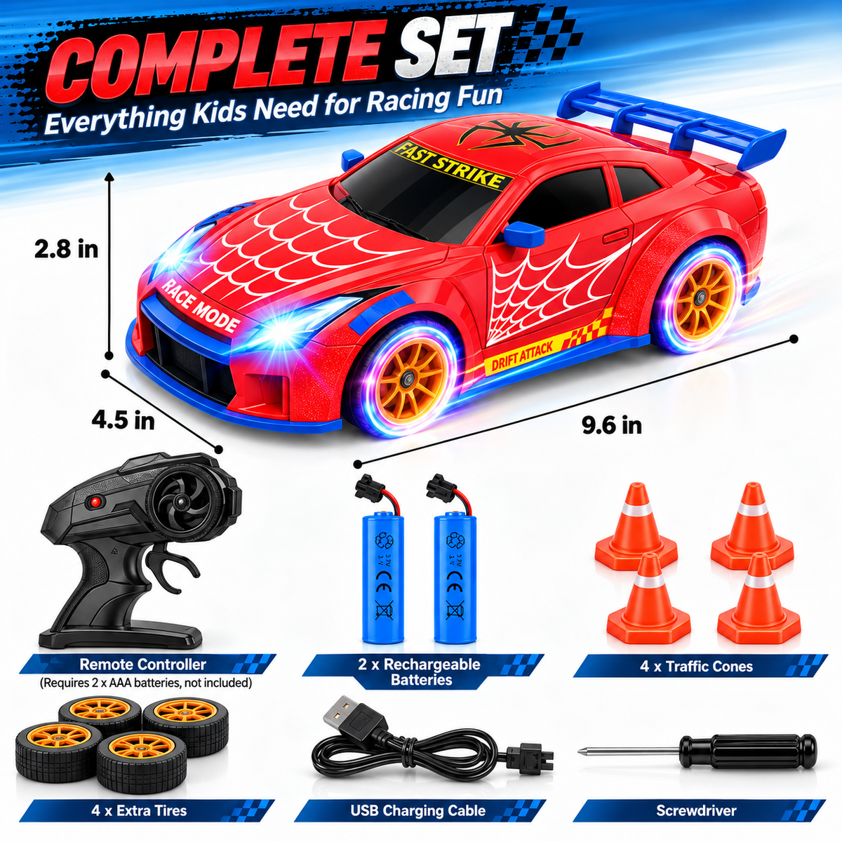 Aogsiyt RC Drift Car, 1:24 Scale 4WD Remote Control Car Toy with LED Lights, Brithday Gift for Kids Ages 3-12