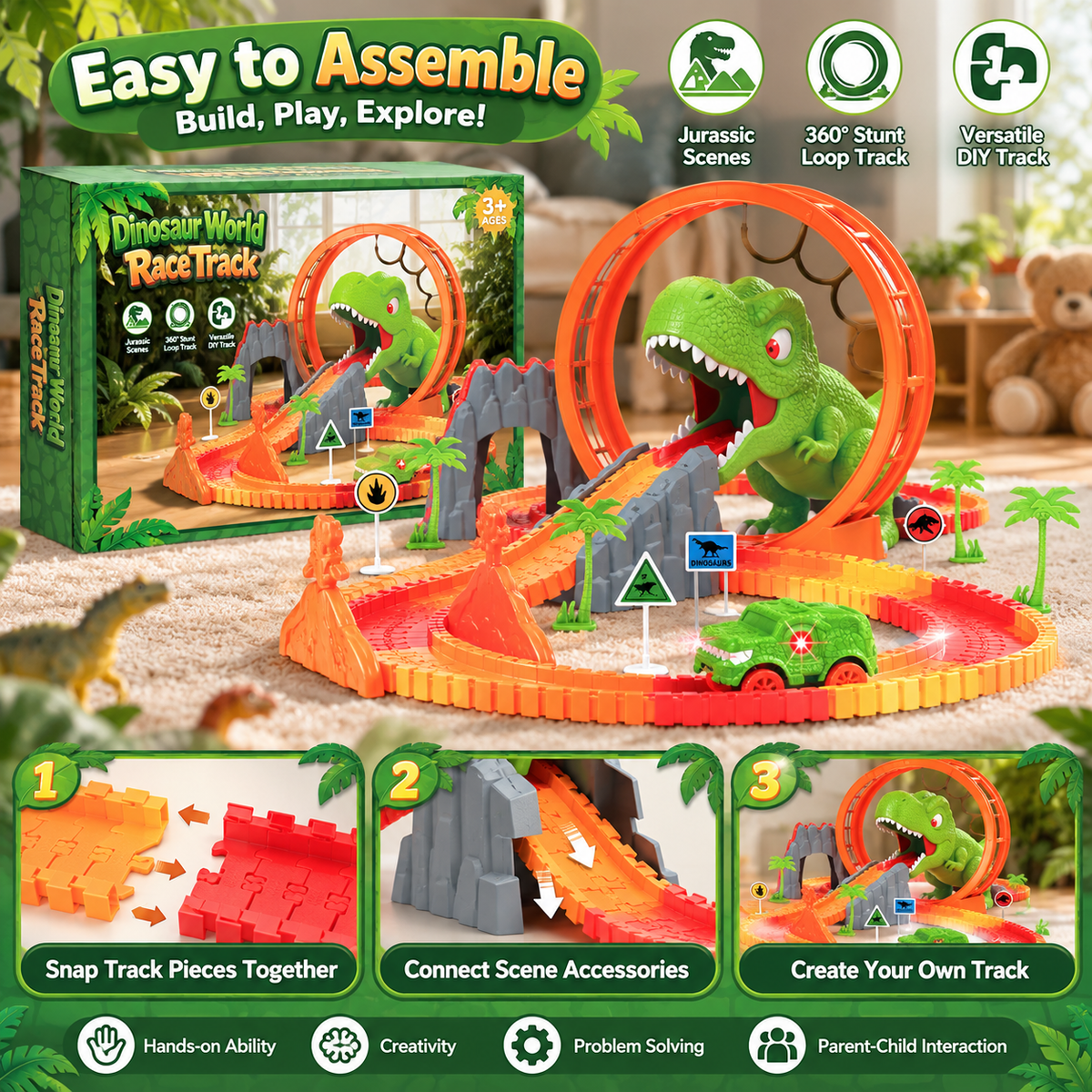 Aogsiyt Dinosaur Toys, Create A Dinosaur World Road Race, Dinosaur Track Toys | Flexible Track Playset, Cool Dinosaur Car, Dinosaur Race Car Track for 3-12 Year & Up Old Boy Girls Gift