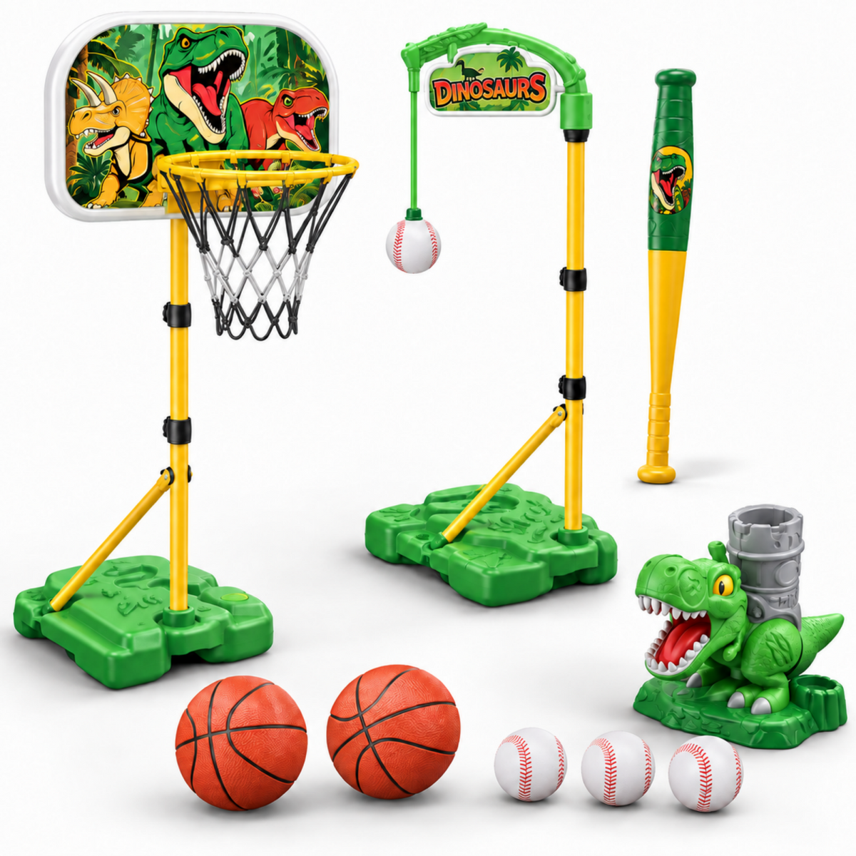 AOGSIYT 2 in 1 Kids Basketball Hoop and T Ball Set, Adjustable Basketball Stand, Hanging Tee, Two Basketballs, Four Baseballs and Bat,Birthday Gift Ages 3+