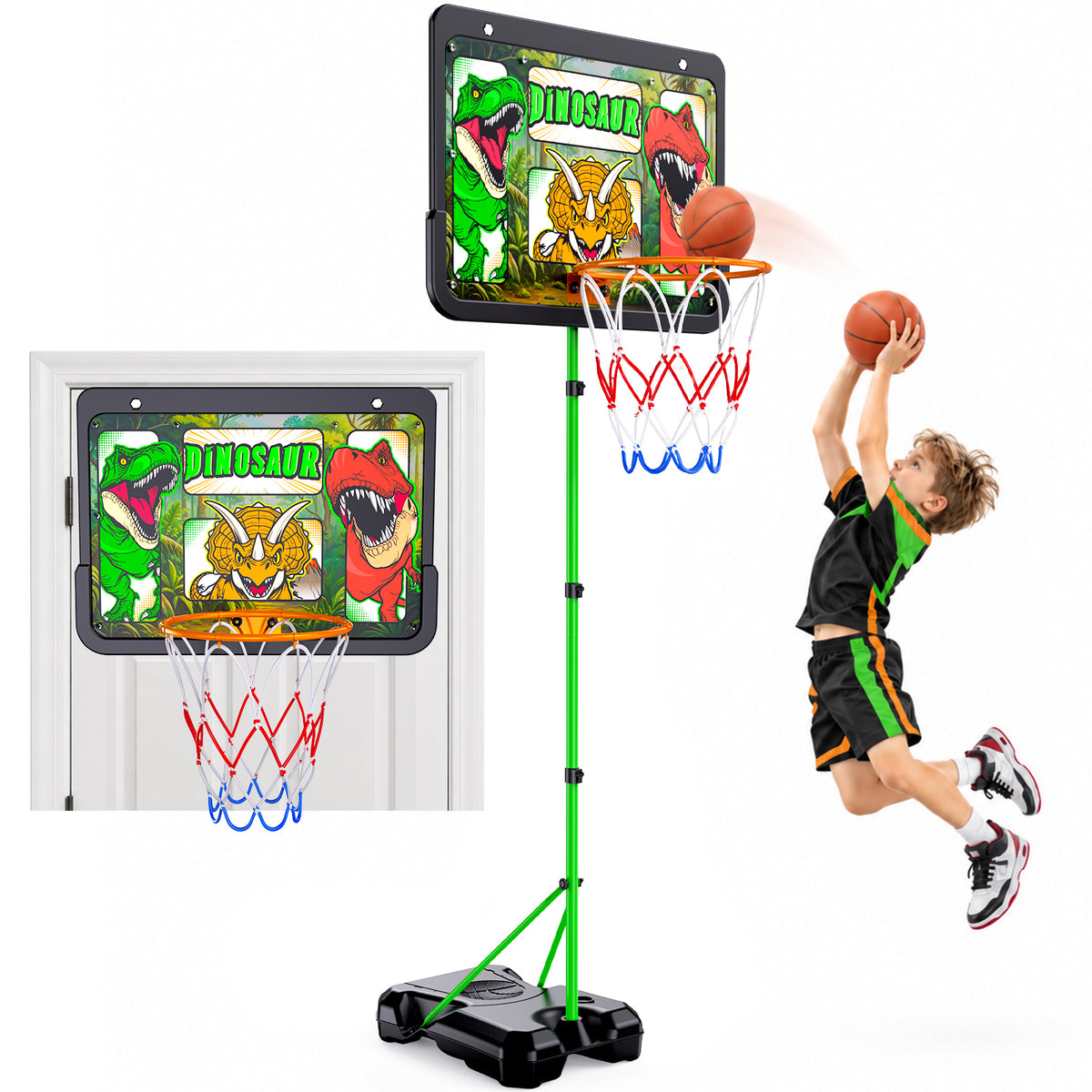 AOGSIYT Dinosaur Kids Basketball Hoop Set, Adjustable 3.5-6.2 ft, Includes 3 Balls & Pump, Indoor Outdoor Sports Toy for Boys Girls Ages 3+