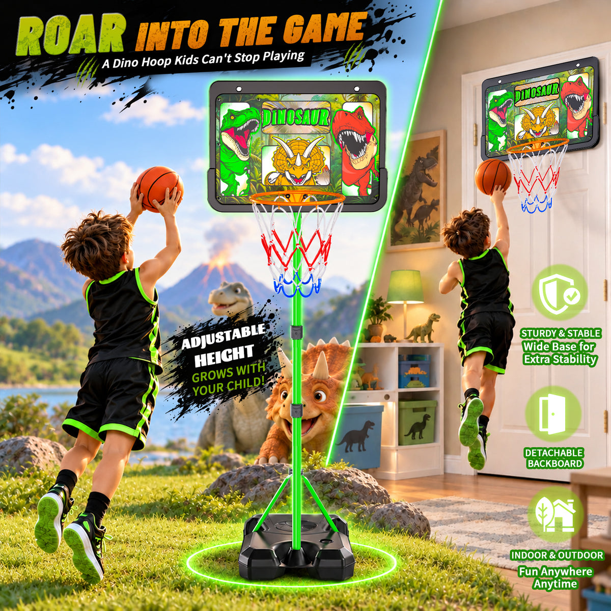 AOGSIYT Dinosaur Kids Basketball Hoop Set, Adjustable 3.5-6.2 ft, Includes 3 Balls & Pump, Indoor Outdoor Sports Toy for Boys Girls Ages 3+