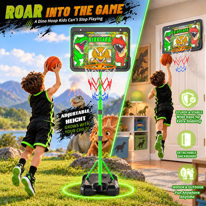 AOGSIYT Dinosaur Kids Basketball Hoop Set, Adjustable 3.5-6.2 ft, Includes 3 Balls & Pump, Indoor Outdoor Sports Toy for Boys Girls Ages 3+