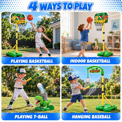 AOGSIYT 2 in 1 Kids Basketball Hoop and T Ball Set, Adjustable Basketball Stand, Hanging Tee, Two Basketballs, Four Baseballs and Bat,Birthday Gift Ages 3+