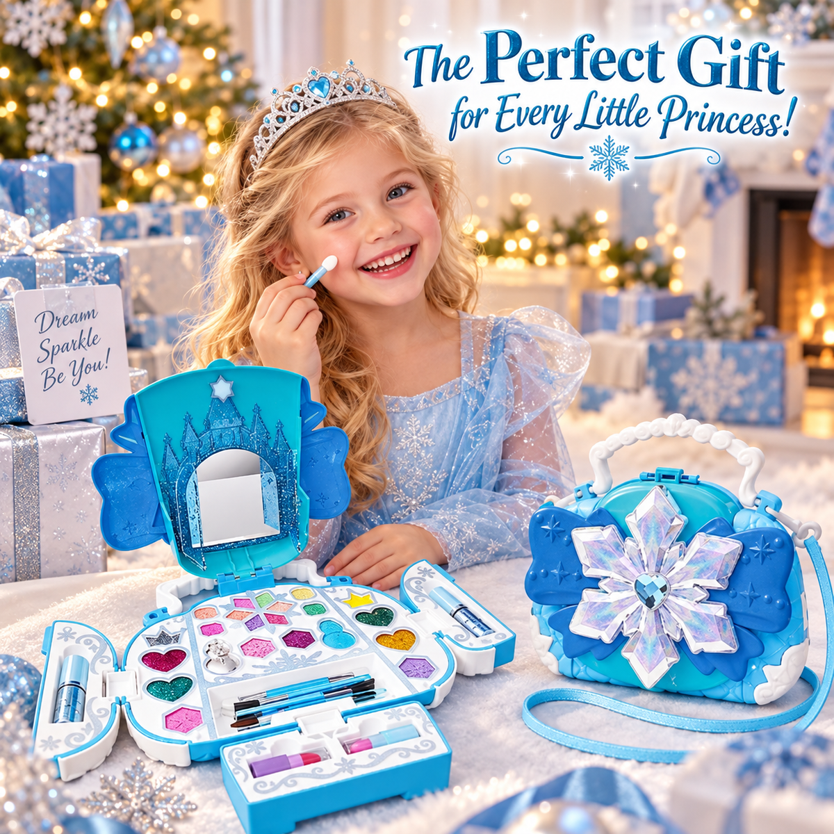 Kids Makeup Kit for Girls, AOGSIYT 32-Piece Washable Makeup for Kids with Princess Cosmetic Case, Princess Dress-Up Toys Birthday Gift for Ages 3-12