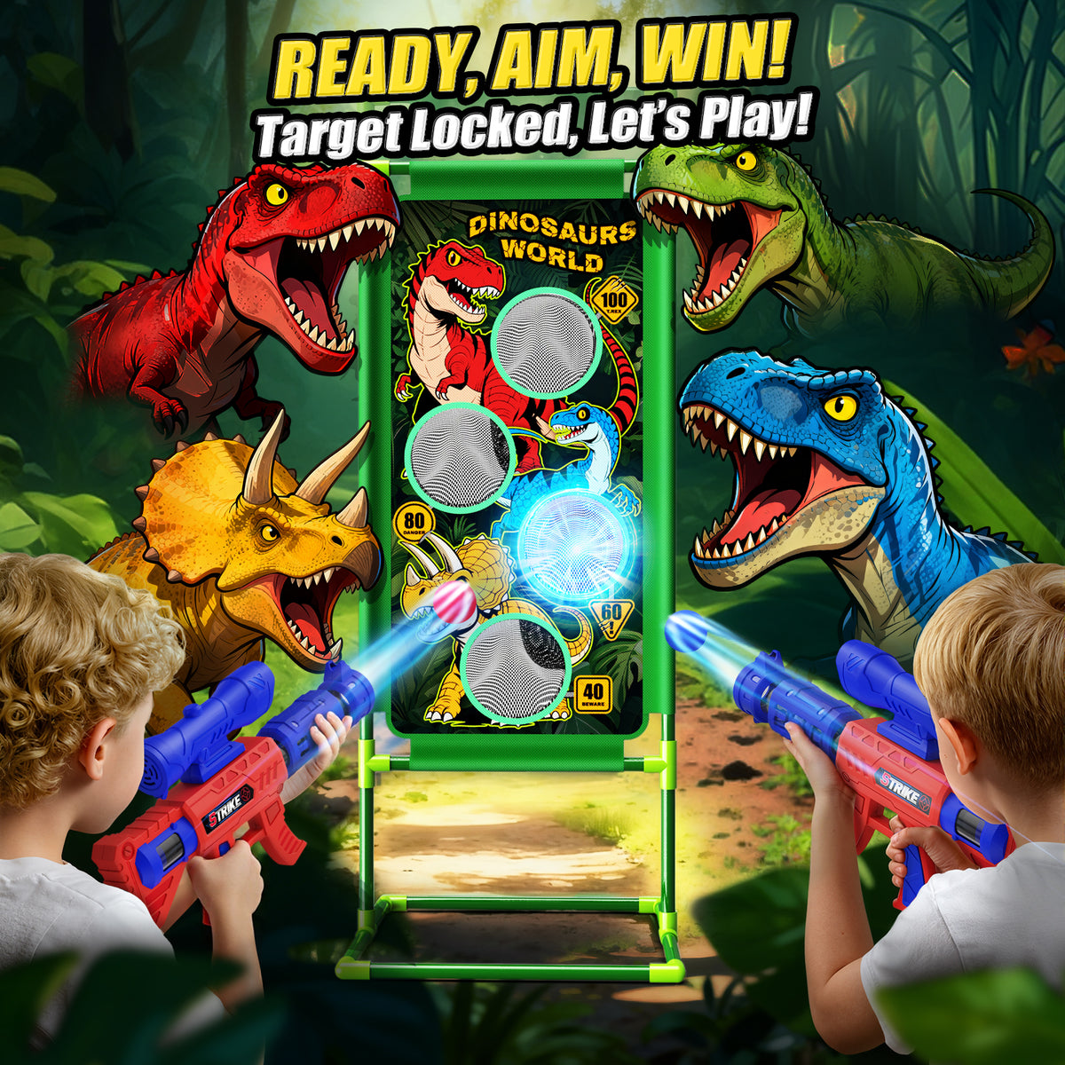 Aogsiyt Dinosaur Foam Ball Launcher Toy,Shooting Target Game 2 Air Pump Launchers 24 Soft Balls,Outdoor Active Play Toys,Gifts for Boys Girls Age 3-12