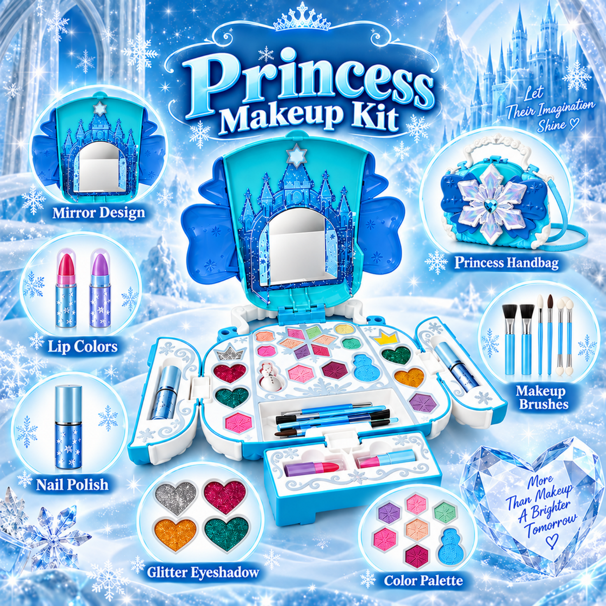 Kids Makeup Kit for Girls, AOGSIYT 32-Piece Washable Makeup for Kids with Princess Cosmetic Case, Princess Dress-Up Toys Birthday Gift for Ages 3-12