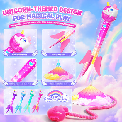 Aogsiyt Unicorn Rocket Launcher for Kids, 4 Unicorn Rockets Launch Toy with Adjustable Launcher, Outdoor Toys for Girls Ages 3-8, STEM Learning Birthday Gifts