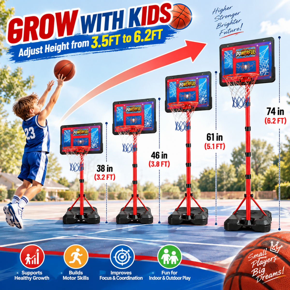 AOGSIYT Kids Basketball Hoop Set, Adjustable 3.5-6.2 Ft, 3 Balls & Pump, Indoor Outdoor Toddler Sports Toy for Backyard Ages 3+