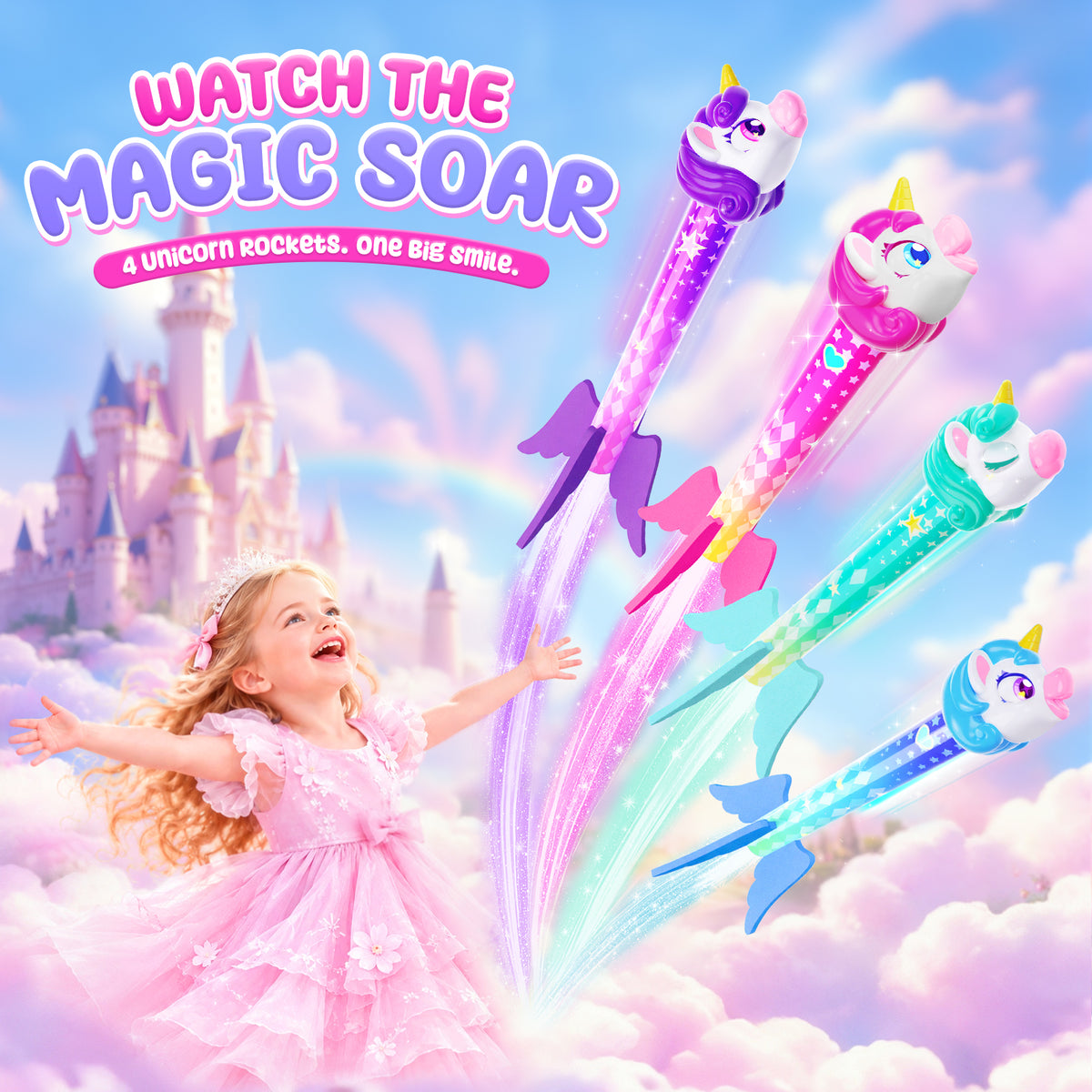 Aogsiyt Unicorn Rocket Launcher for Kids, 4 Unicorn Rockets Launch Toy with Adjustable Launcher, Outdoor Toys for Girls Ages 3-8, STEM Learning Birthday Gifts