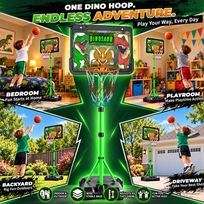AOGSIYT Dinosaur Kids Basketball Hoop Set, Adjustable 3.5-6.2 ft, Includes 3 Balls & Pump, Indoor Outdoor Sports Toy for Boys Girls Ages 3+