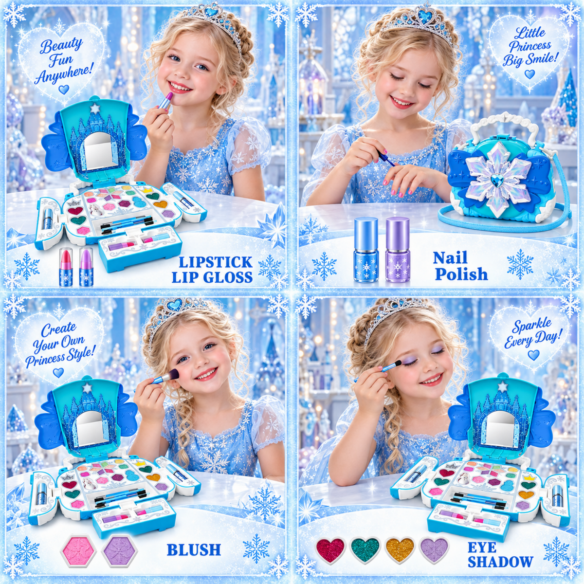 Kids Makeup Kit for Girls, AOGSIYT 32-Piece Washable Makeup for Kids with Princess Cosmetic Case, Princess Dress-Up Toys Birthday Gift for Ages 3-12