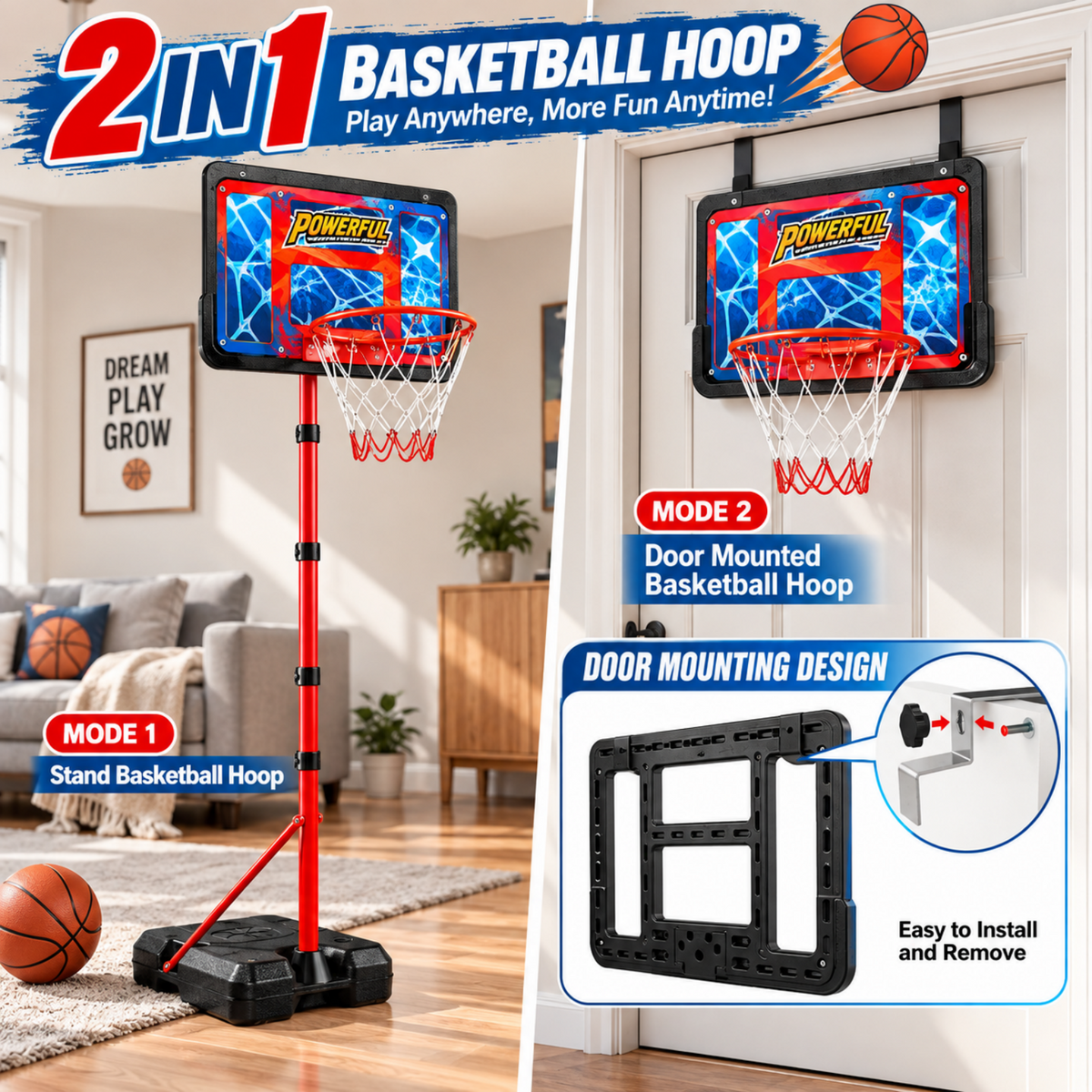 AOGSIYT Kids Basketball Hoop Set, Adjustable 3.5-6.2 Ft, 3 Balls & Pump, Indoor Outdoor Toddler Sports Toy for Backyard Ages 3+