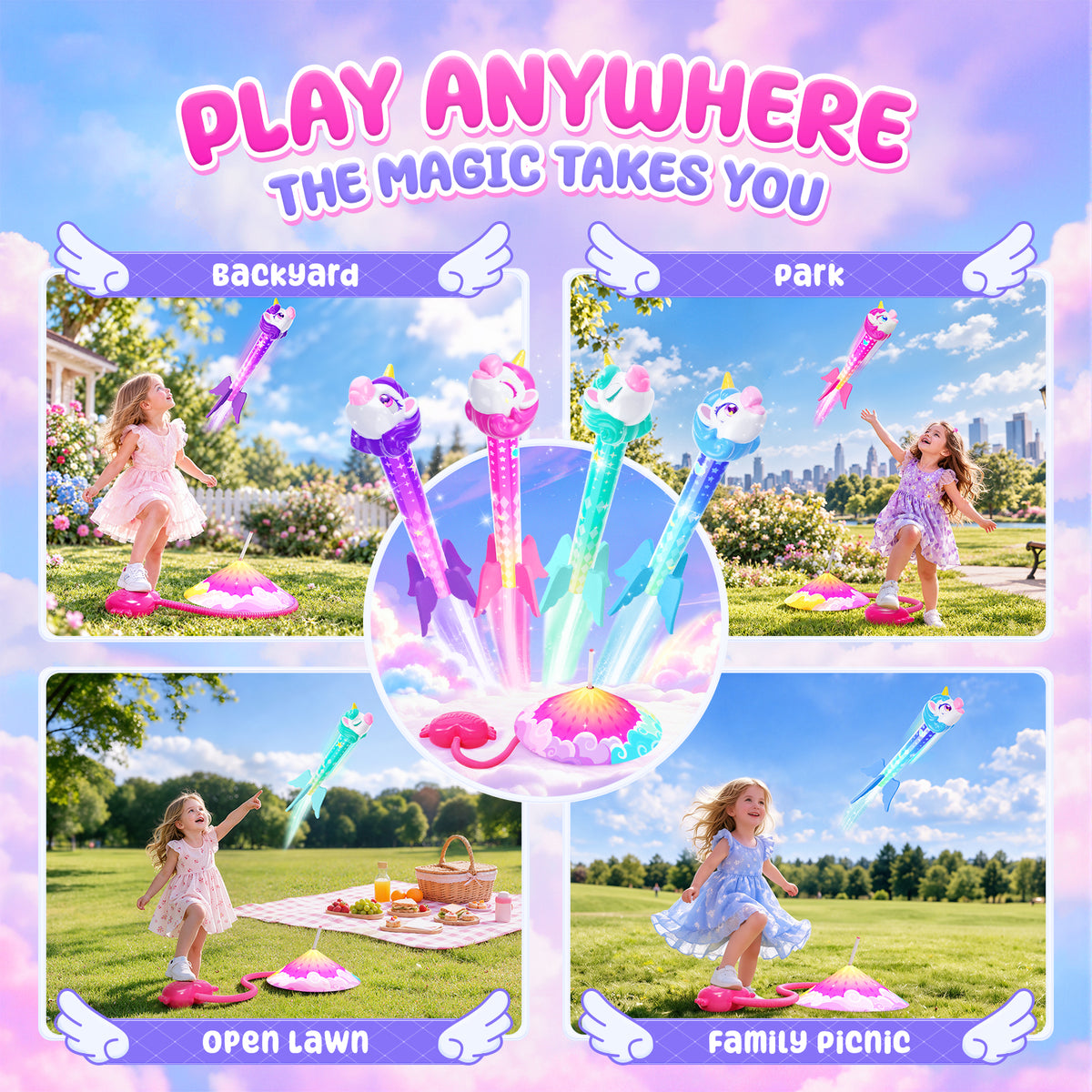 Aogsiyt Unicorn Rocket Launcher for Kids, 4 Unicorn Rockets Launch Toy with Adjustable Launcher, Outdoor Toys for Girls Ages 3-8, STEM Learning Birthday Gifts