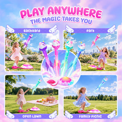 Aogsiyt Unicorn Rocket Launcher for Kids, 4 Unicorn Rockets Launch Toy with Adjustable Launcher, Outdoor Toys for Girls Ages 3-8, STEM Learning Birthday Gifts
