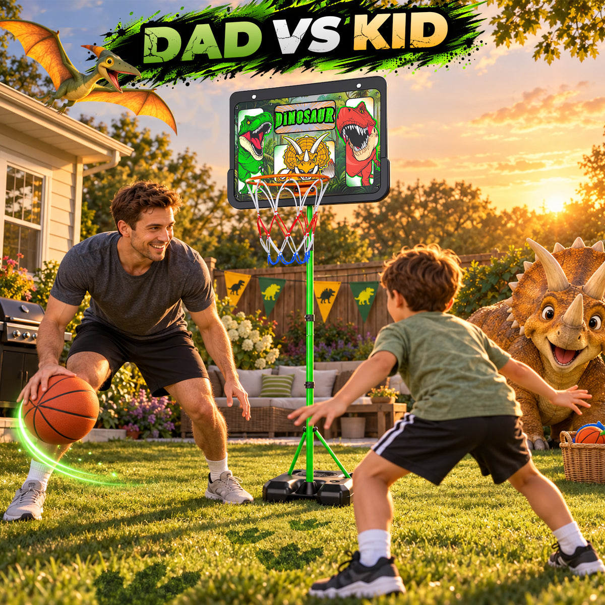 AOGSIYT Dinosaur Kids Basketball Hoop Set, Adjustable 3.5-6.2 ft, Includes 3 Balls & Pump, Indoor Outdoor Sports Toy for Boys Girls Ages 3+