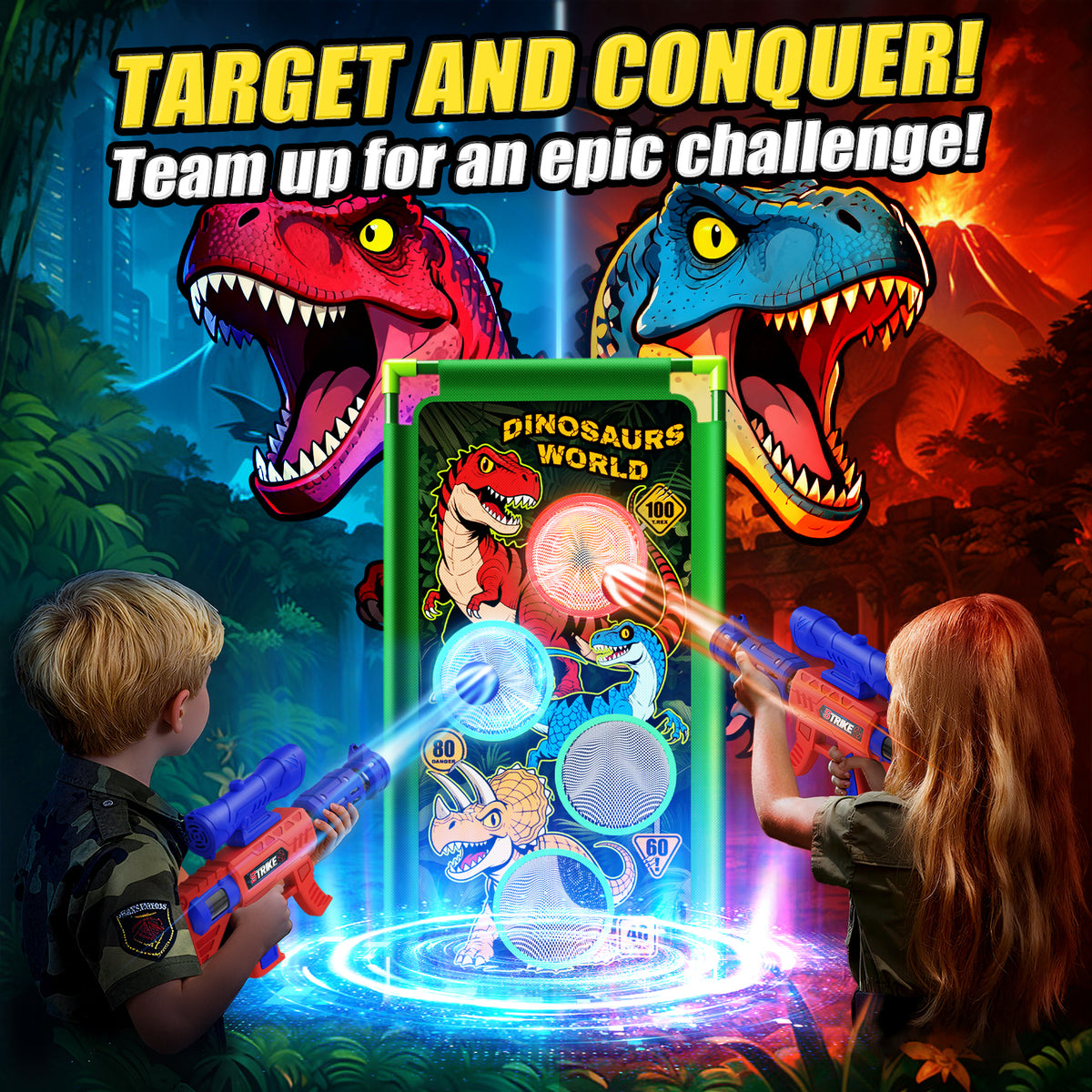Aogsiyt Dinosaur Foam Ball Launcher Toy,Shooting Target Game 2 Air Pump Launchers 24 Soft Balls,Outdoor Active Play Toys,Gifts for Boys Girls Age 3-12