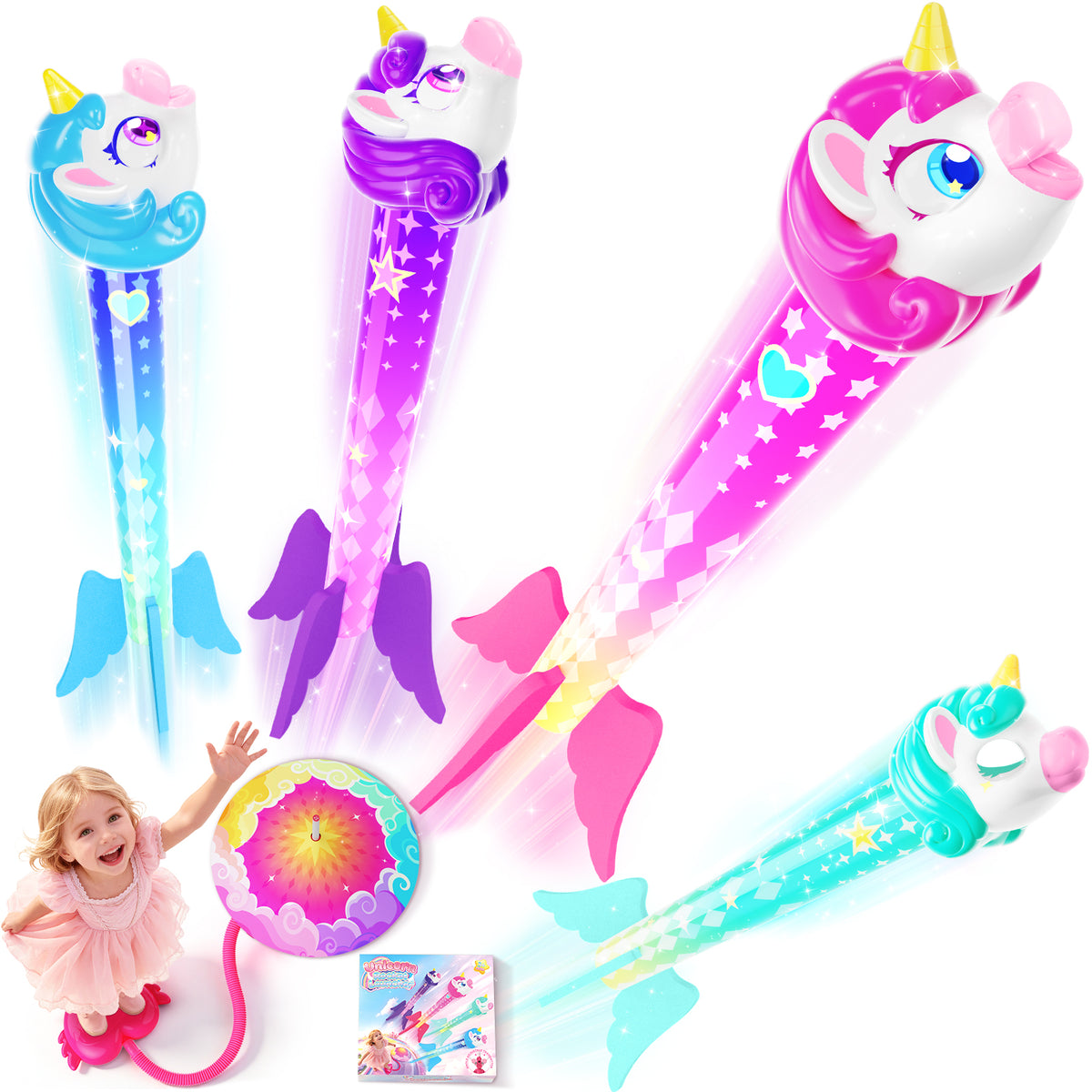 Aogsiyt Unicorn Rocket Launcher for Kids, 4 Unicorn Rockets Launch Toy with Adjustable Launcher, Outdoor Toys for Girls Ages 3-8, STEM Learning Birthday Gifts