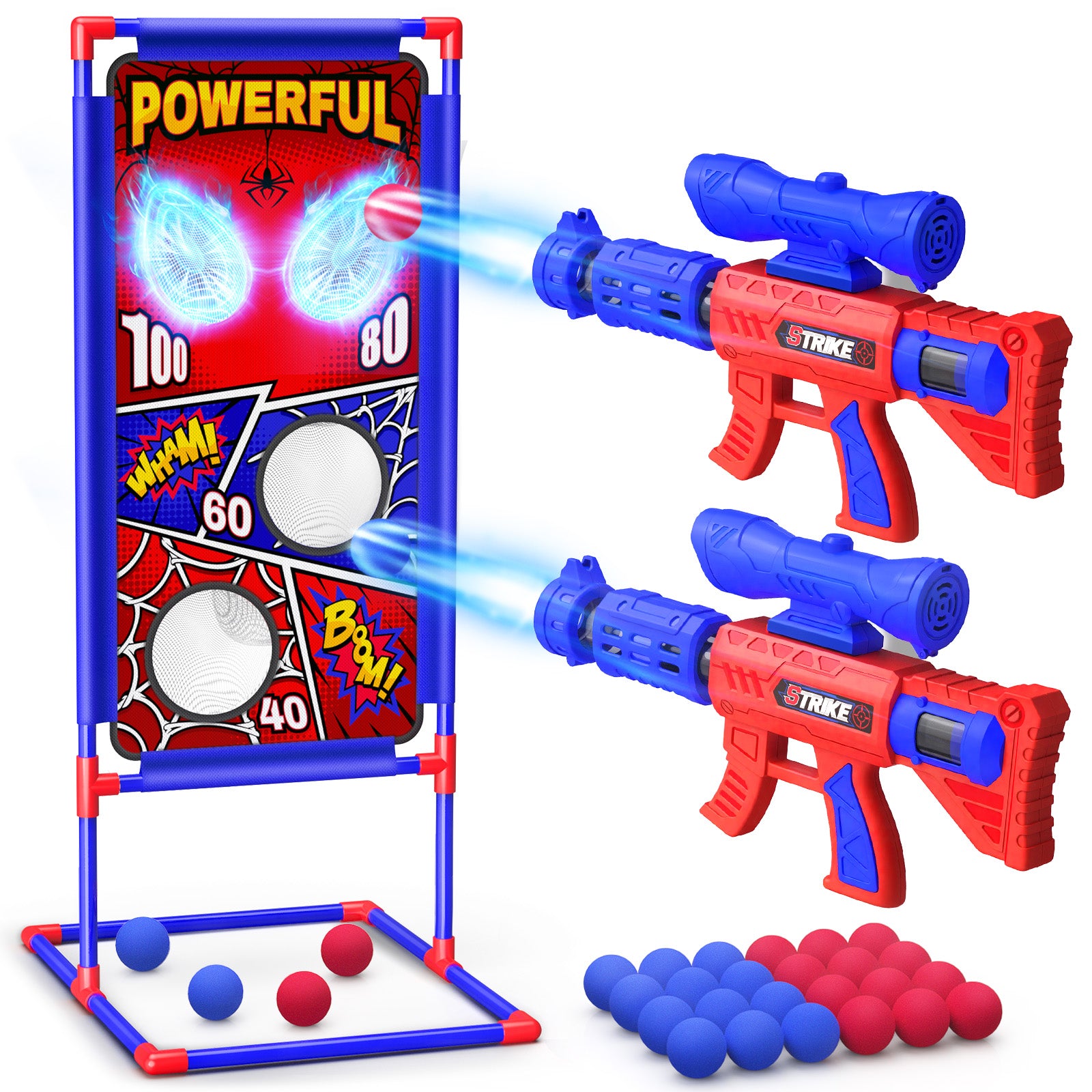 Aogsiyt Shooting Toy Set for Kids with Spider Target, 2 Air Pump Launchers & 24 Foam Balls, Indoor Outdoor Action Games, Birthday Gifts for Boys Age 3-12