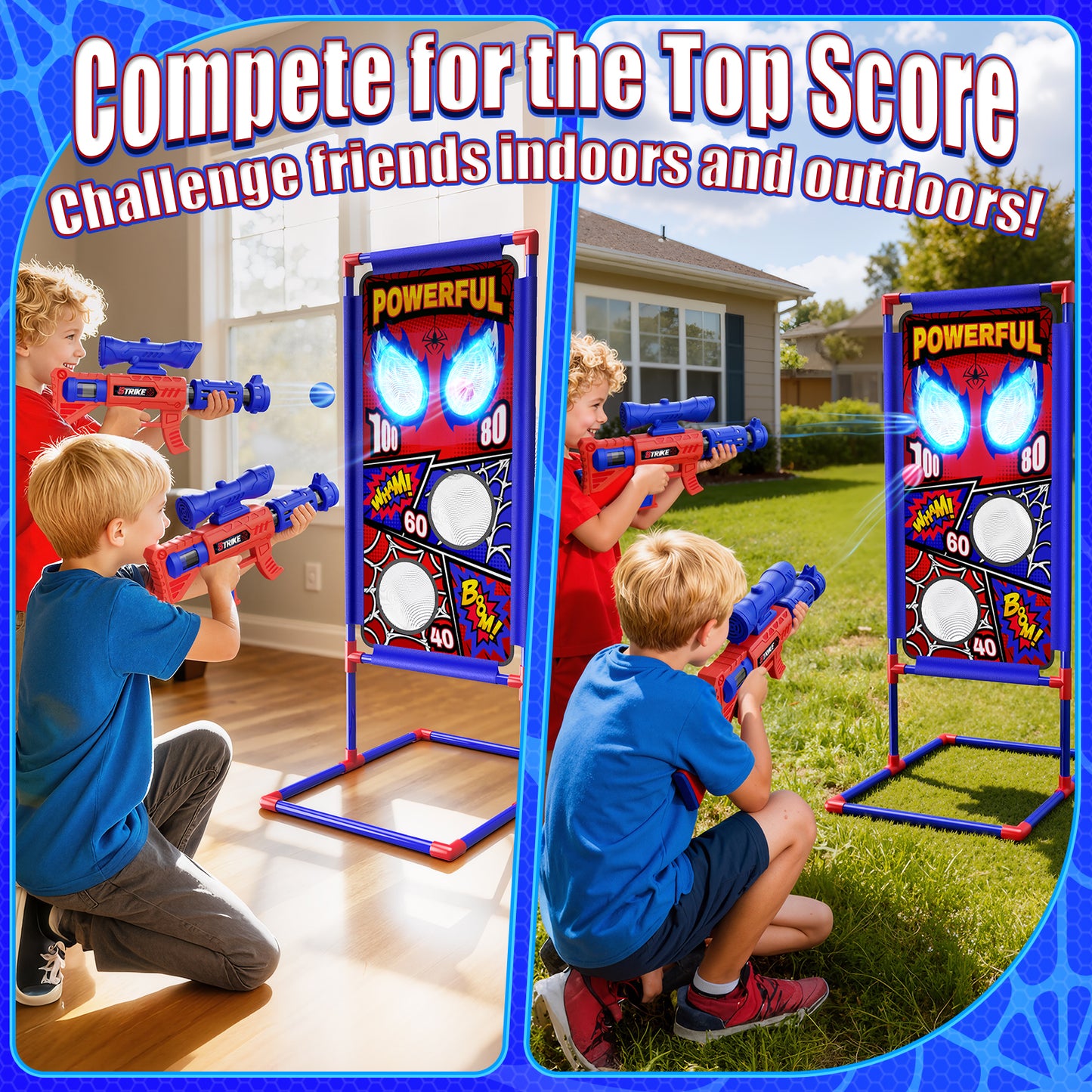 Aogsiyt Shooting Toy Set for Kids with Spider Target, 2 Air Pump Launchers & 24 Foam Balls, Indoor Outdoor Action Games, Birthday Gifts for Boys Age 3-12