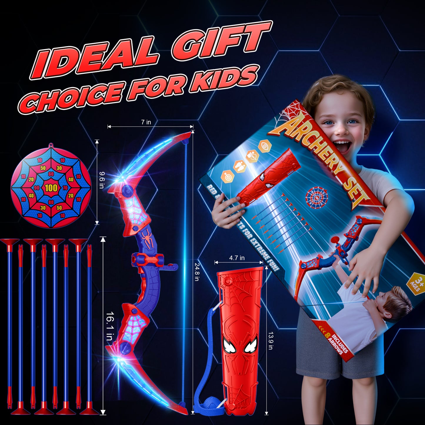 Aogsiyt Kids Bow and Arrow Set with LED Lights, Archery Toy with Suction Cup Arrows & Target, Outdoor Indoor Toy Gift for Boys Girls Ages 3-12