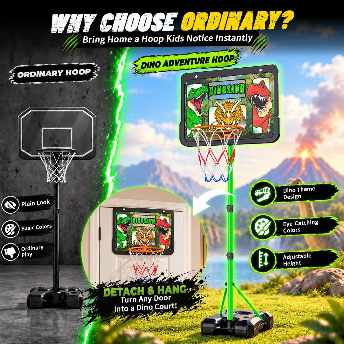AOGSIYT Dinosaur Kids Basketball Hoop Set, Adjustable 3.5-6.2 ft, Includes 3 Balls & Pump, Indoor Outdoor Sports Toy for Boys Girls Ages 3+