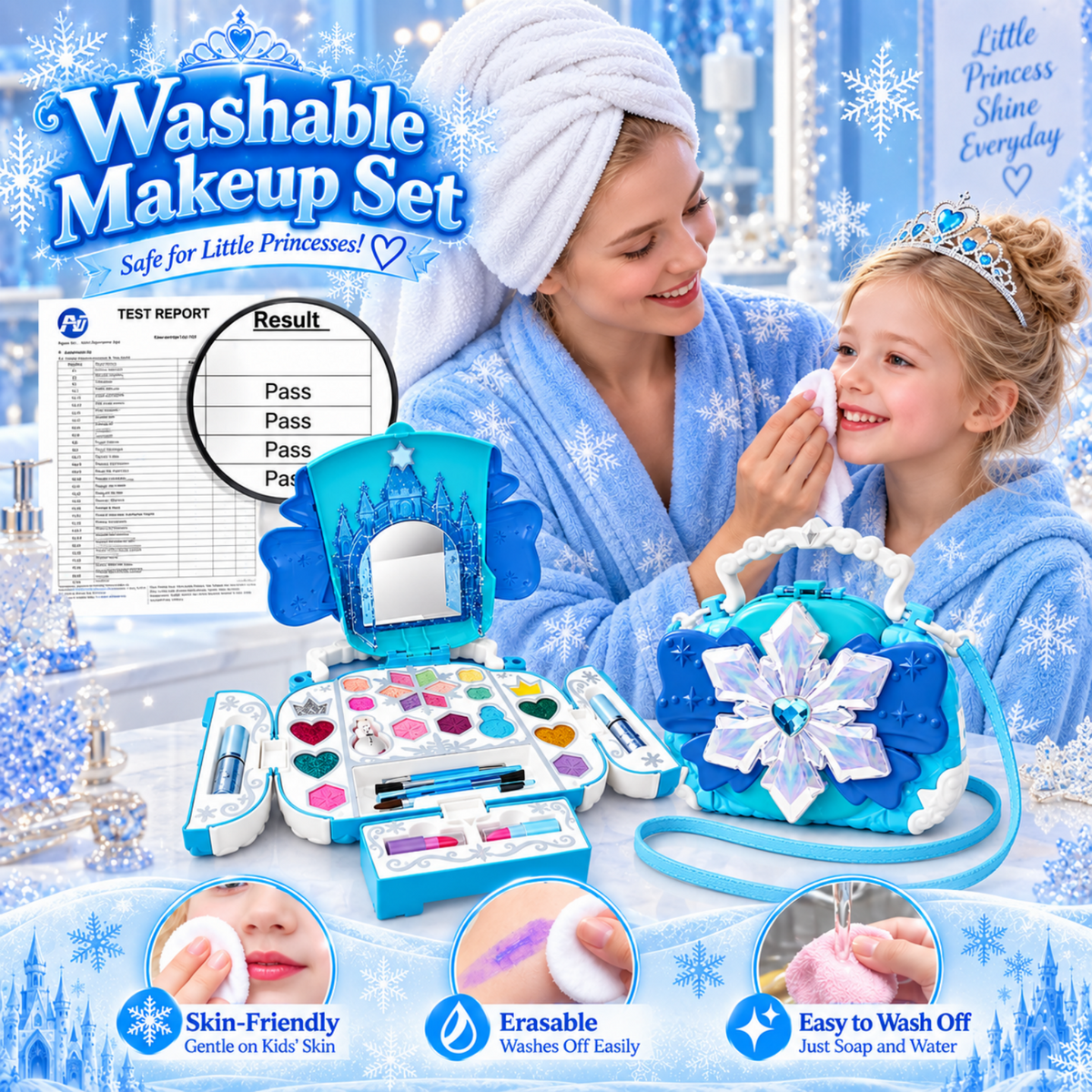 Kids Makeup Kit for Girls, AOGSIYT 32-Piece Washable Makeup for Kids with Princess Cosmetic Case, Princess Dress-Up Toys Birthday Gift for Ages 3-12