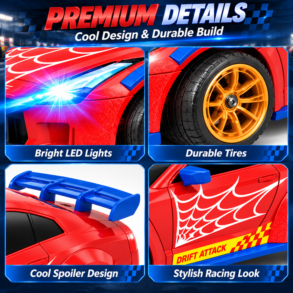 Aogsiyt RC Drift Car, 1:24 Scale 4WD Remote Control Car Toy with LED Lights, Brithday Gift for Kids Ages 3-12
