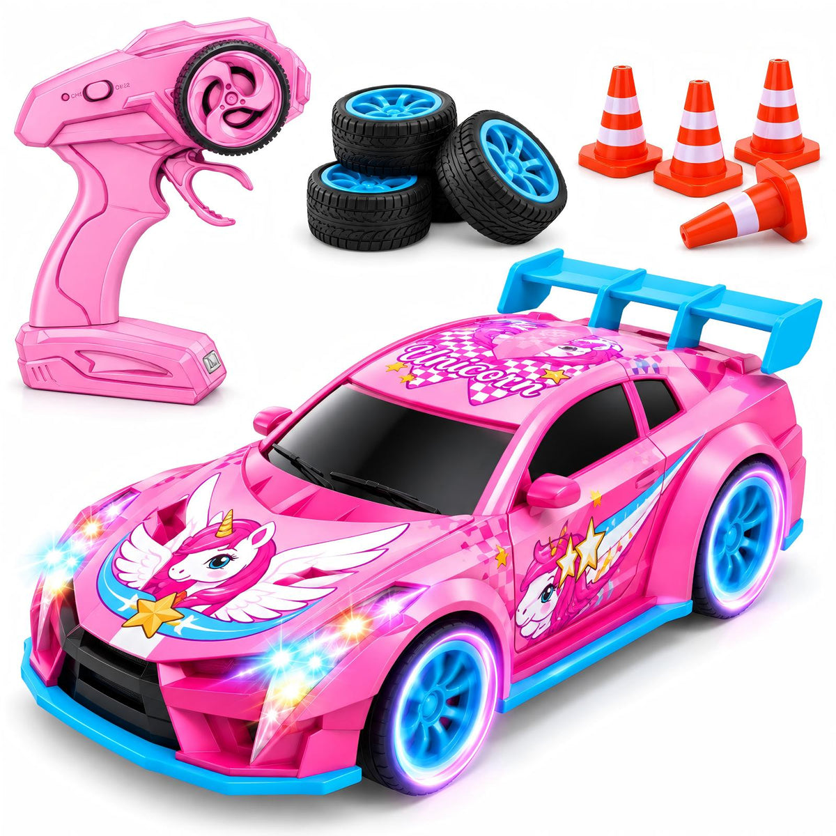 Aogsiyt Unicorn RC Drift Car, 1:24 Scale 4WD Remote Control Car Toy with LED Lights, Brithday Gift for Girls Ages 3-12