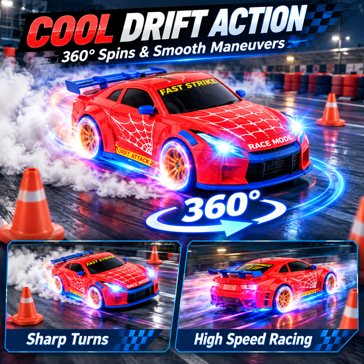 Aogsiyt RC Drift Car, 1:24 Scale 4WD Remote Control Car Toy with LED Lights, Brithday Gift for Kids Ages 3-12