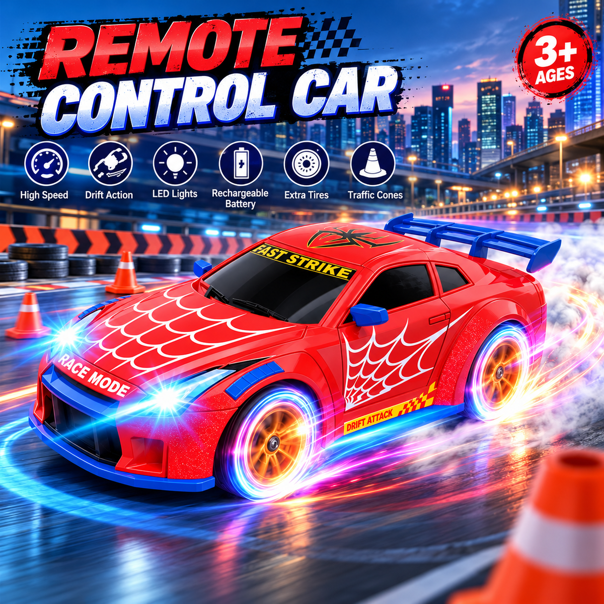 Aogsiyt RC Drift Car, 1:24 Scale 4WD Remote Control Car Toy with LED Lights, Brithday Gift for Kids Ages 3-12